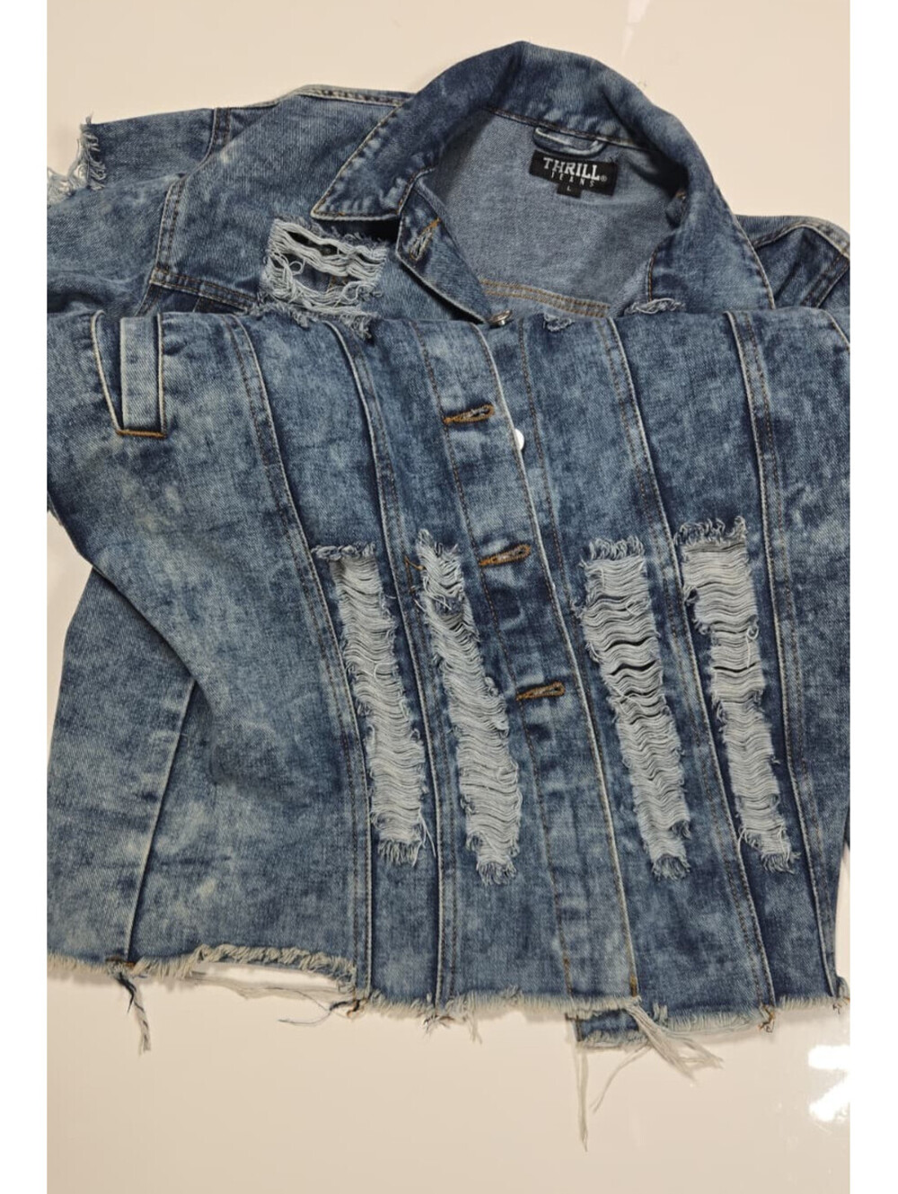 Thrill Jeans Distressed Denim Jacket Women's Large Blue Trucker